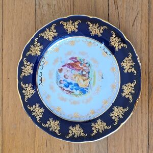 Czech Porcelain Vintage Cobalt  Blue and Gold Portrait Dessert Plate Three Muses